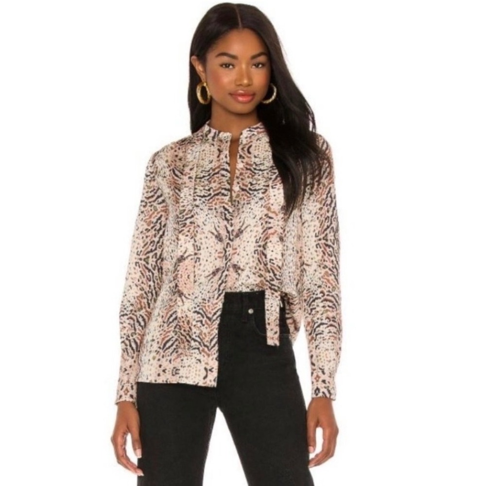 AllSaints Toni LS Arietta Shirt Animal Print Tie‎ Neck Blouse Tan Brown US 2